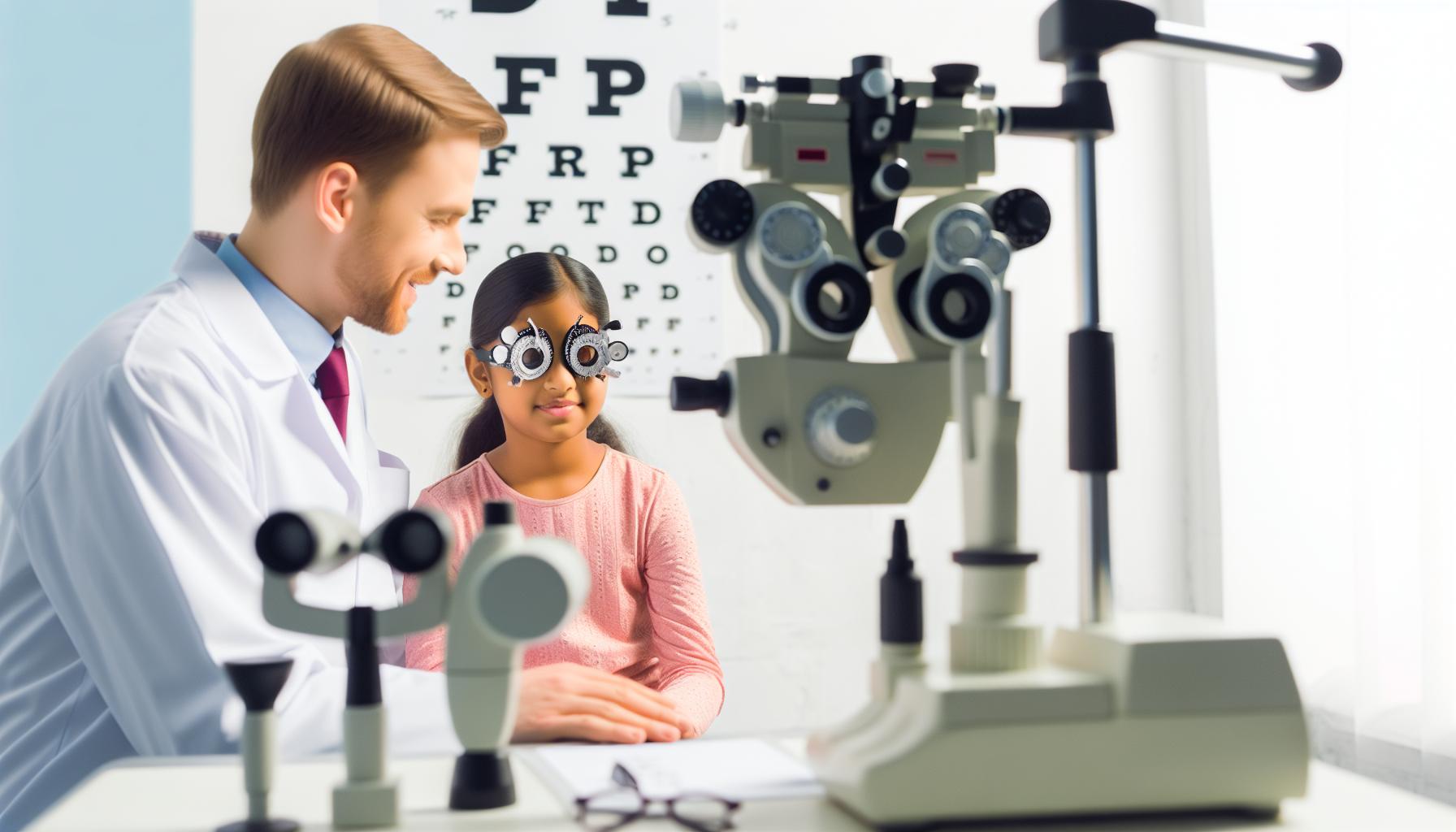 A child sitting in a brightly lit eye exam room, surrounded by various eye exam equipment, with a friendly optometrist conducting the exam